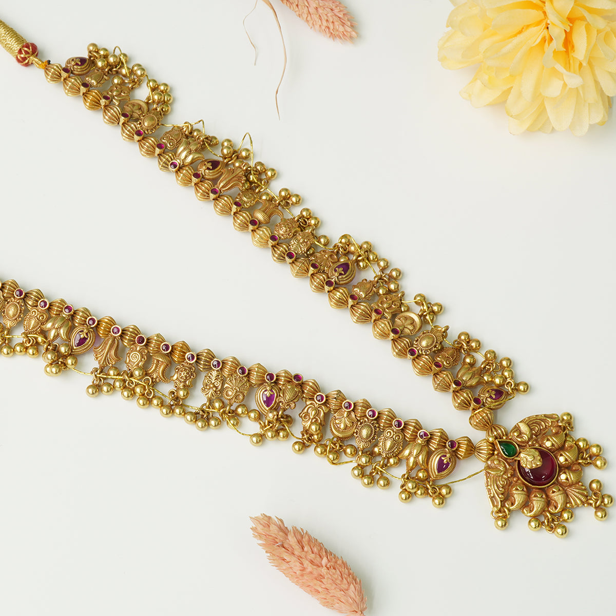 Antique Gold Plated Pure 925 Silver Long Kolhapuri Saaj Necklace Designs