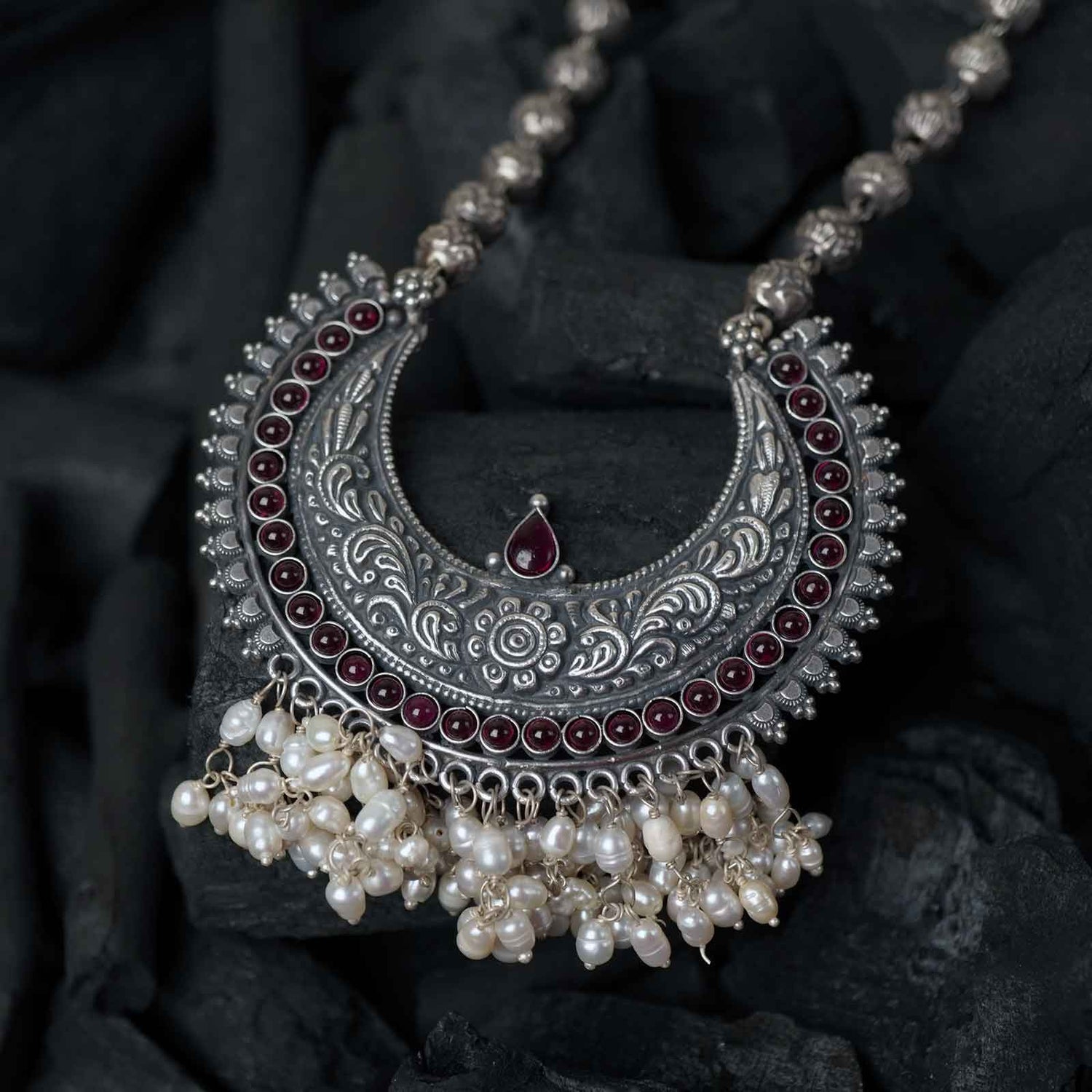 silver mohan mala long necklace with chandrokor shaped pendant studded with freshwater pearls.