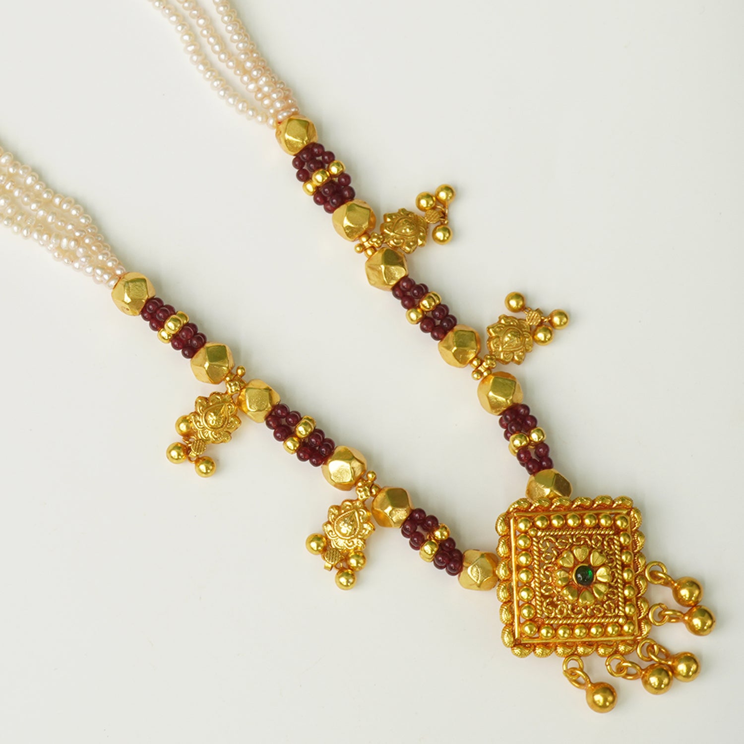 Pure 925 Silver Gheru Gold Plated Long Pearl Saaj Design Necklace