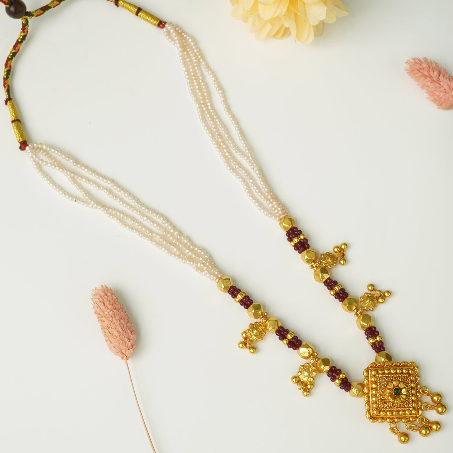 Pure 925 Silver Gheru Gold Plated Long Pearl Saaj Design Necklace