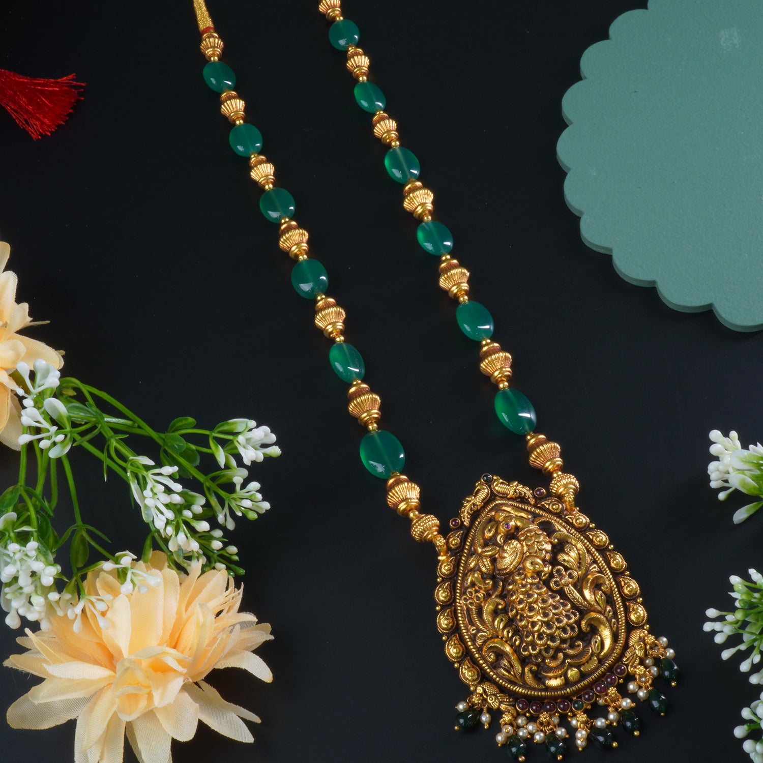 Pure Silver Long Necklace Antique Gold Plated Peacock Pendant