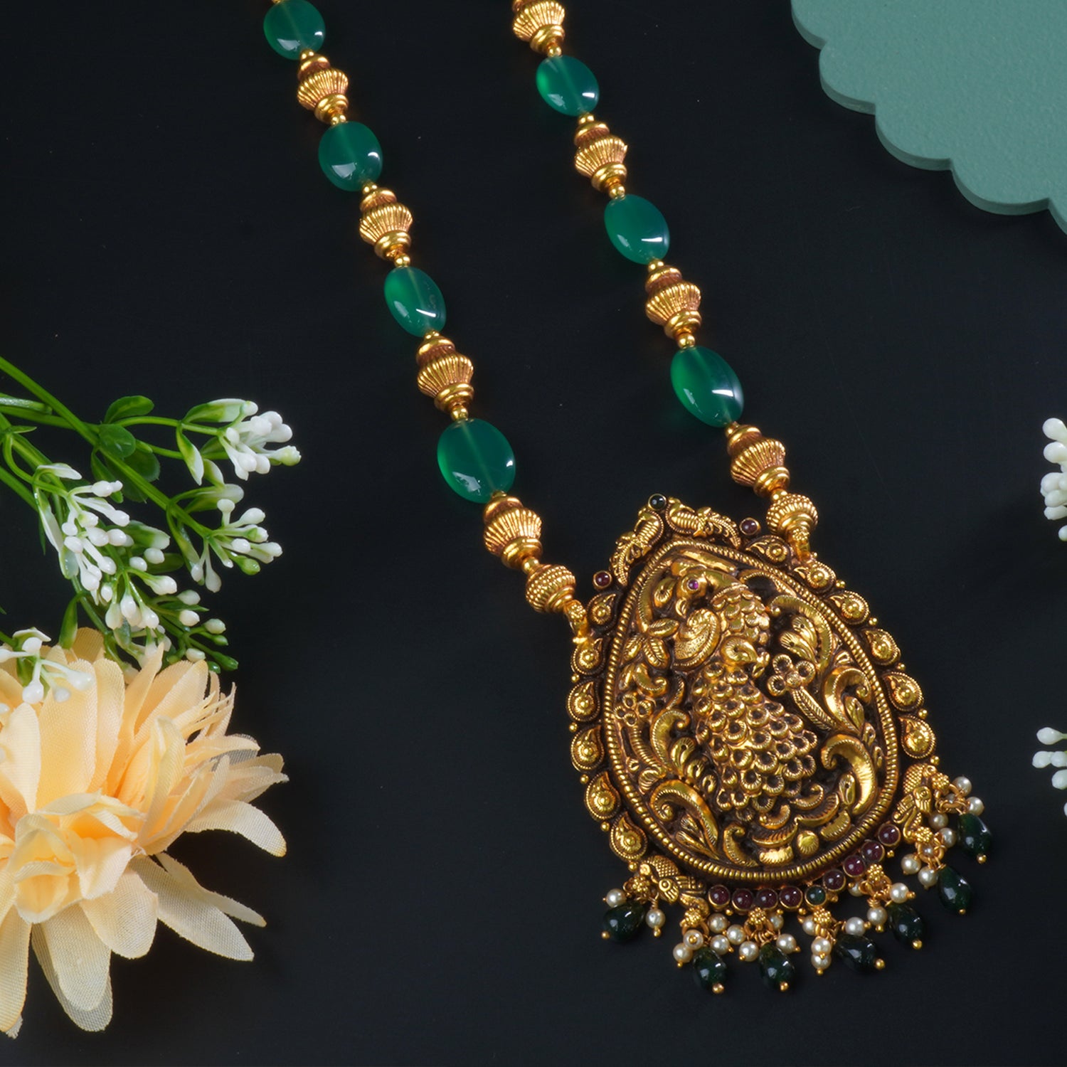 Pure Silver Long Necklace Antique Gold Plated Peacock Pendant