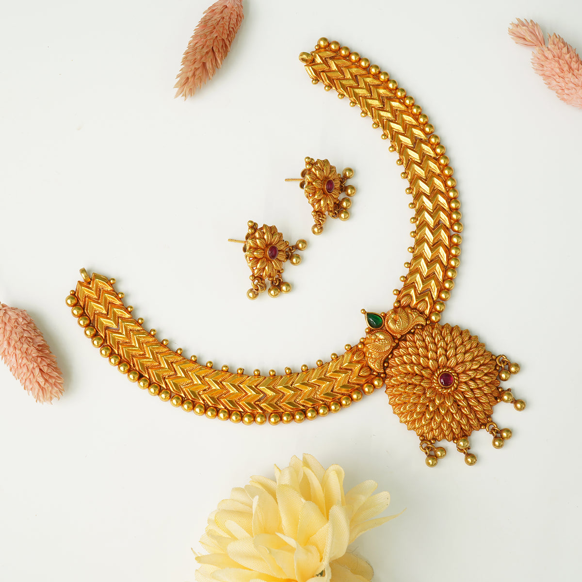 Pure 925 Silver Gold Plated Flower Necklace With Earrings