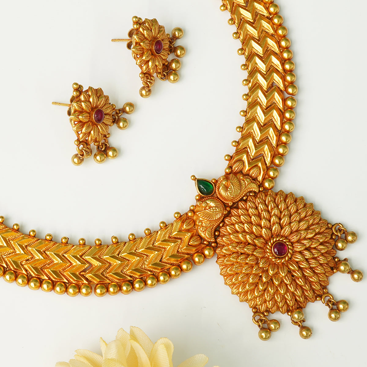 Pure 925 Silver Gold Plated Flower Necklace With Earrings