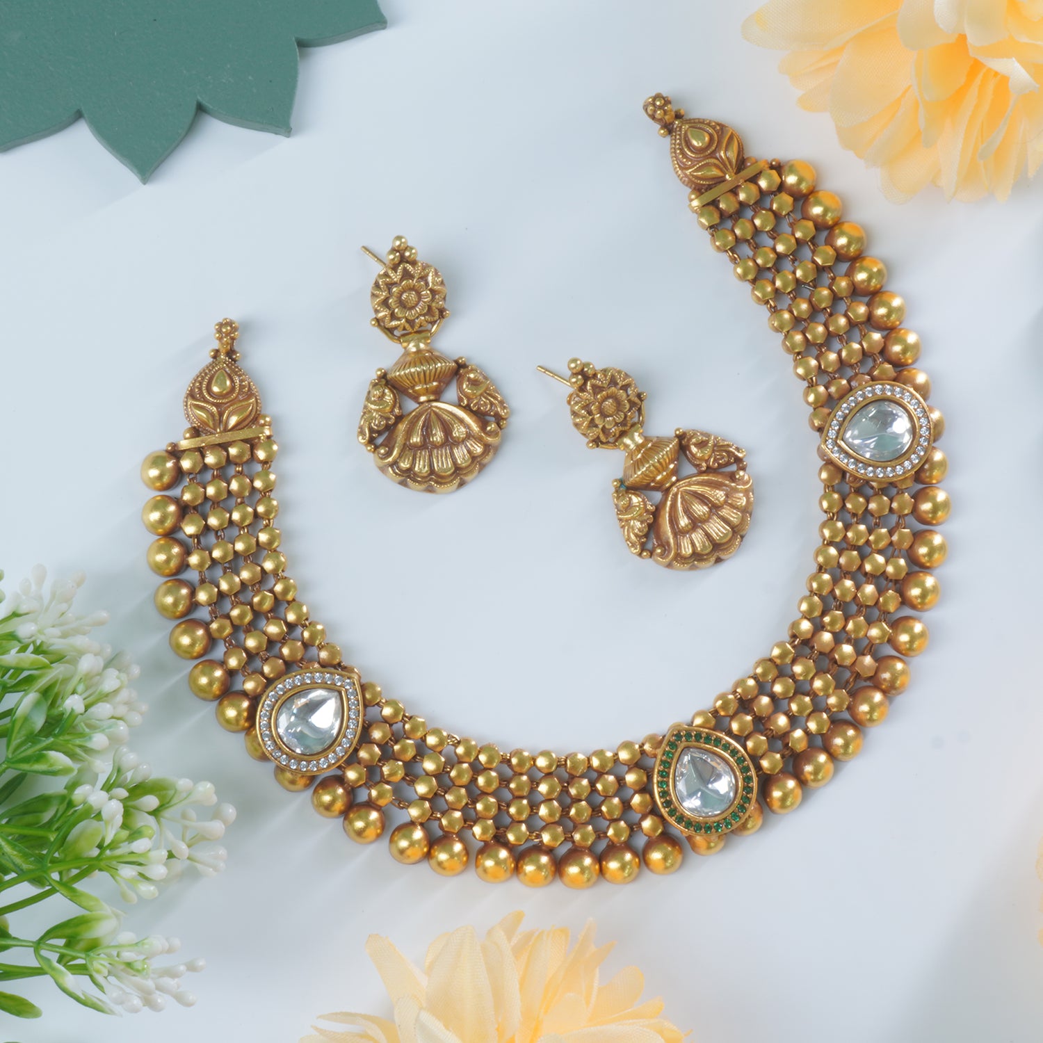 Gold Plated Silver Chattai Necklace With Matching Earrings