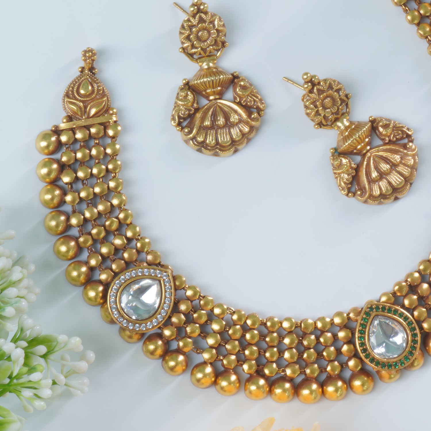 Gold Plated Silver Chattai Necklace With Matching Earrings