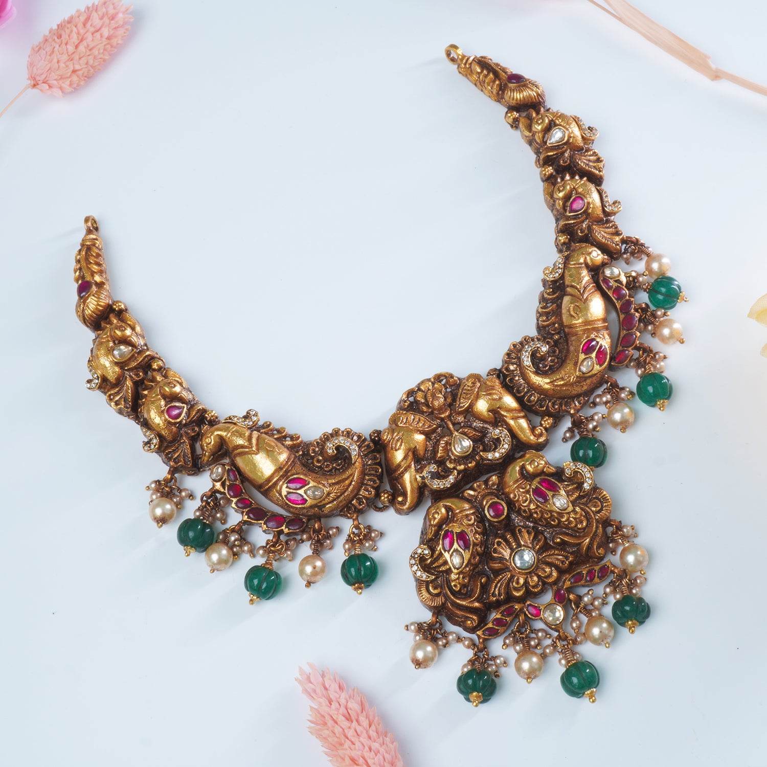 Silver Gold Plated Antique Nagas Necklace Design With Dancing Peacock & Elephant Imprints