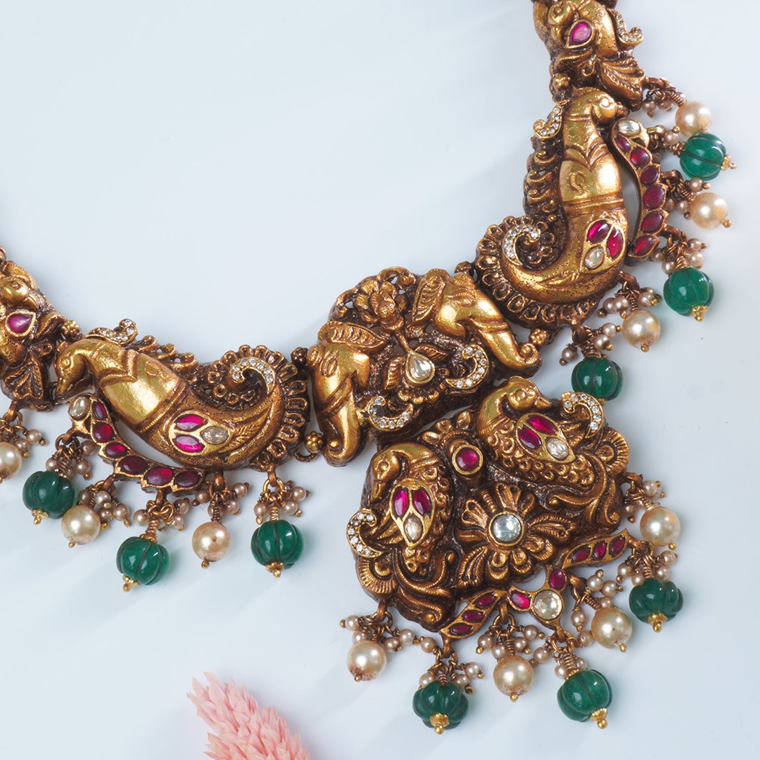 Silver Gold Plated Antique Nagas Necklace Design With Dancing Peacock & Elephant Imprints