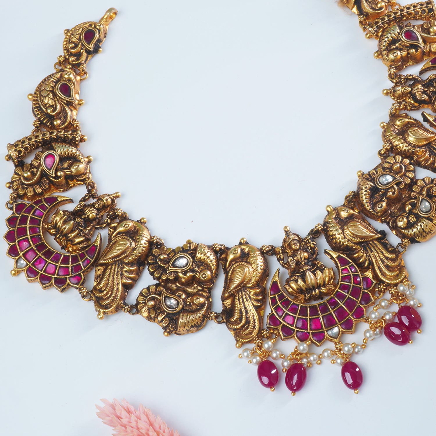 Silver Gold Plated Antique Nagas Necklace Design With Kundan Laxmi Imprints