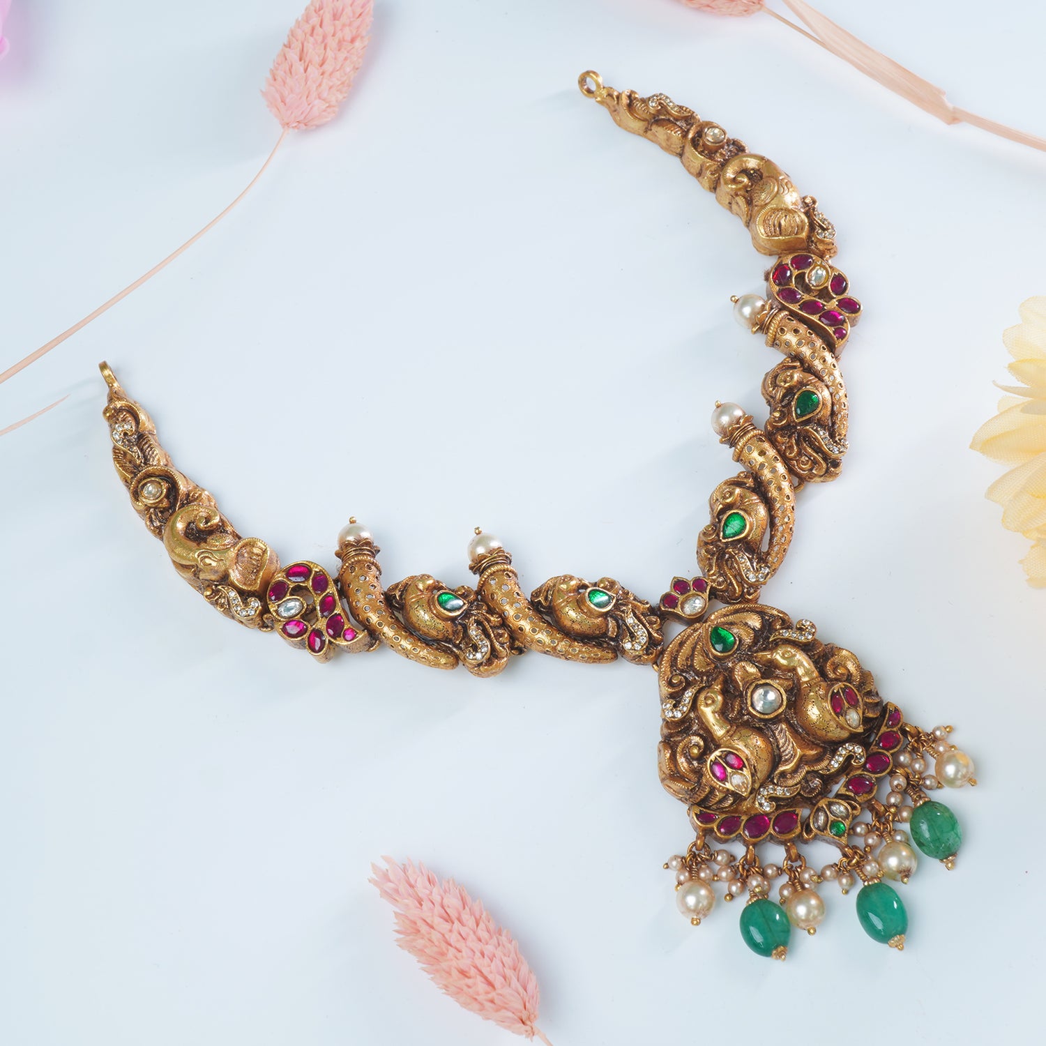 Silver Gold Plated Antique Nagas Necklace Design With Dancing Peacock Imprints