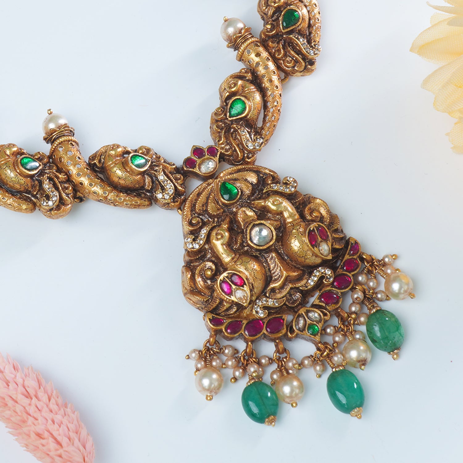 Silver Gold Plated Antique Nagas Necklace Design With Dancing Peacock Imprints