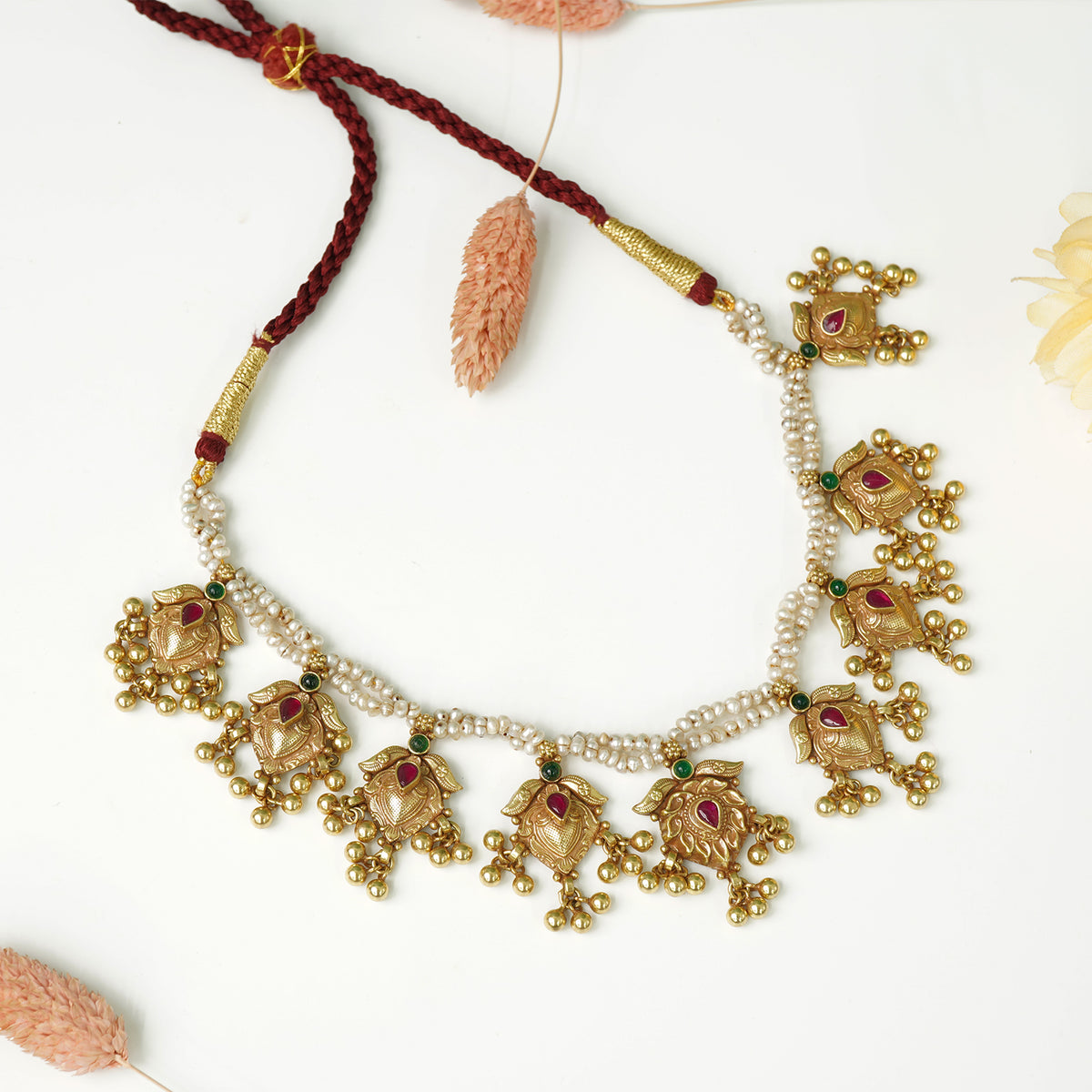 Pure 925 Silver Antique Gold Plated Kolhapuri Saaj With Paan Pieces