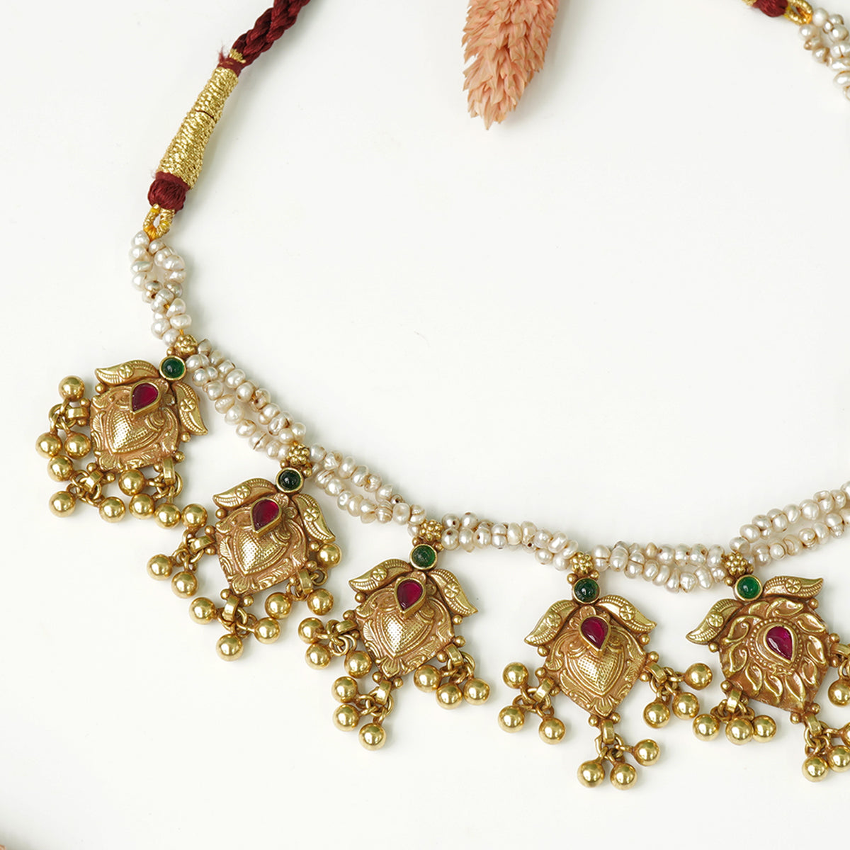 Pure 925 Silver Antique Gold Plated Kolhapuri Saaj With Paan Pieces