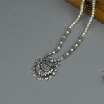 silver moti mala design with chand pendant.