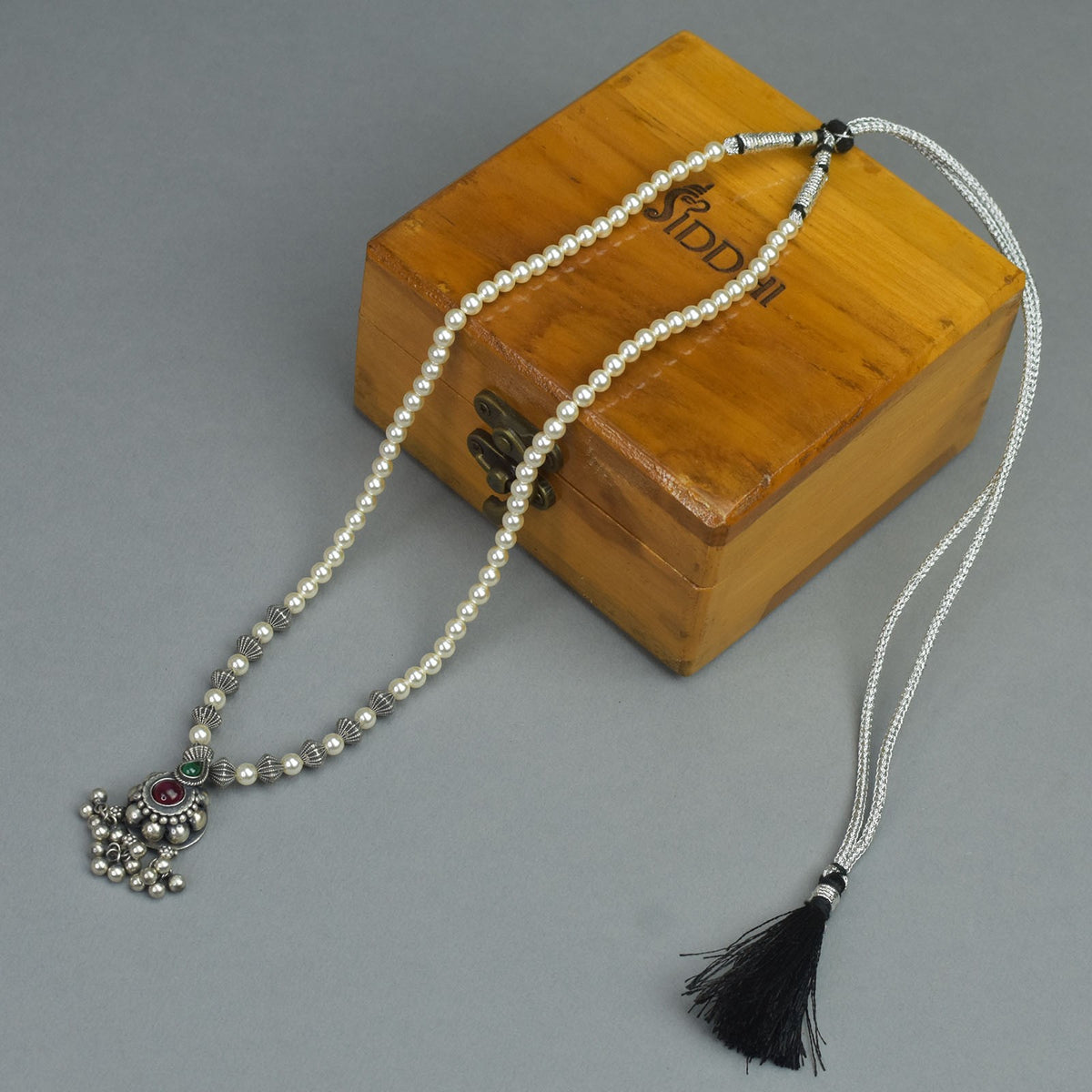 moti mala with silver