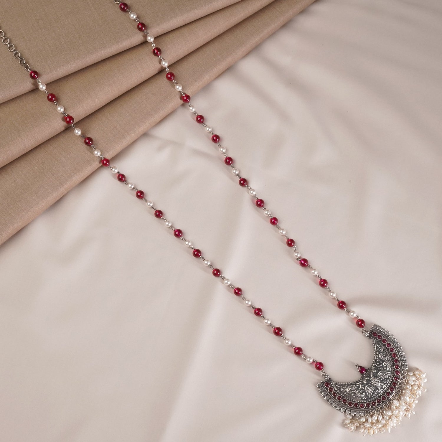 silver chain necklace with red beads and pearl combo chain