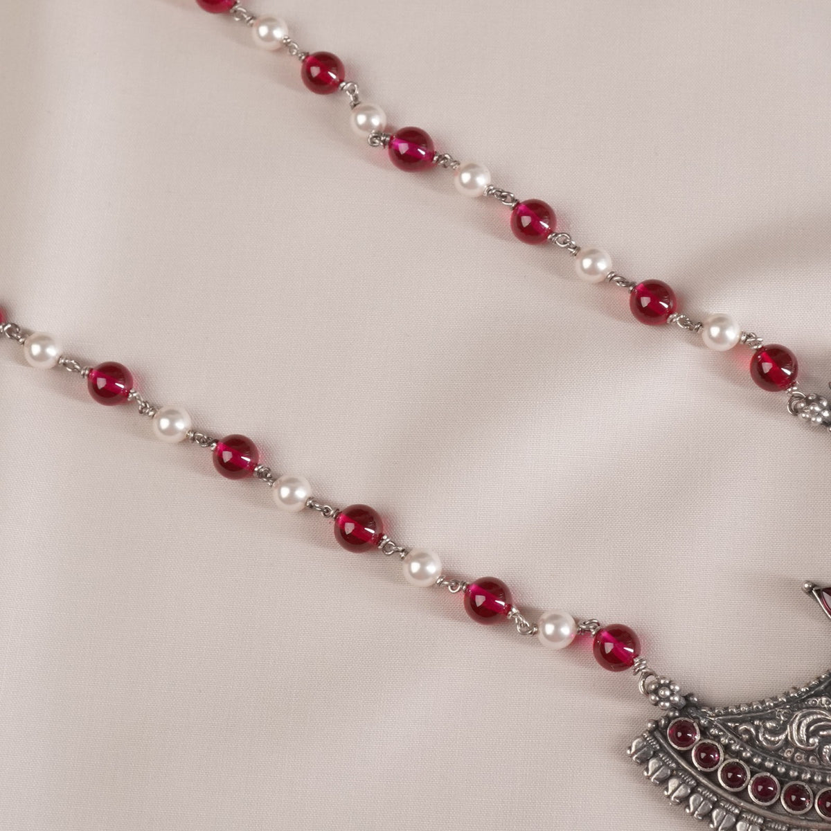 silver chain necklace with red beads and pearl combo chain