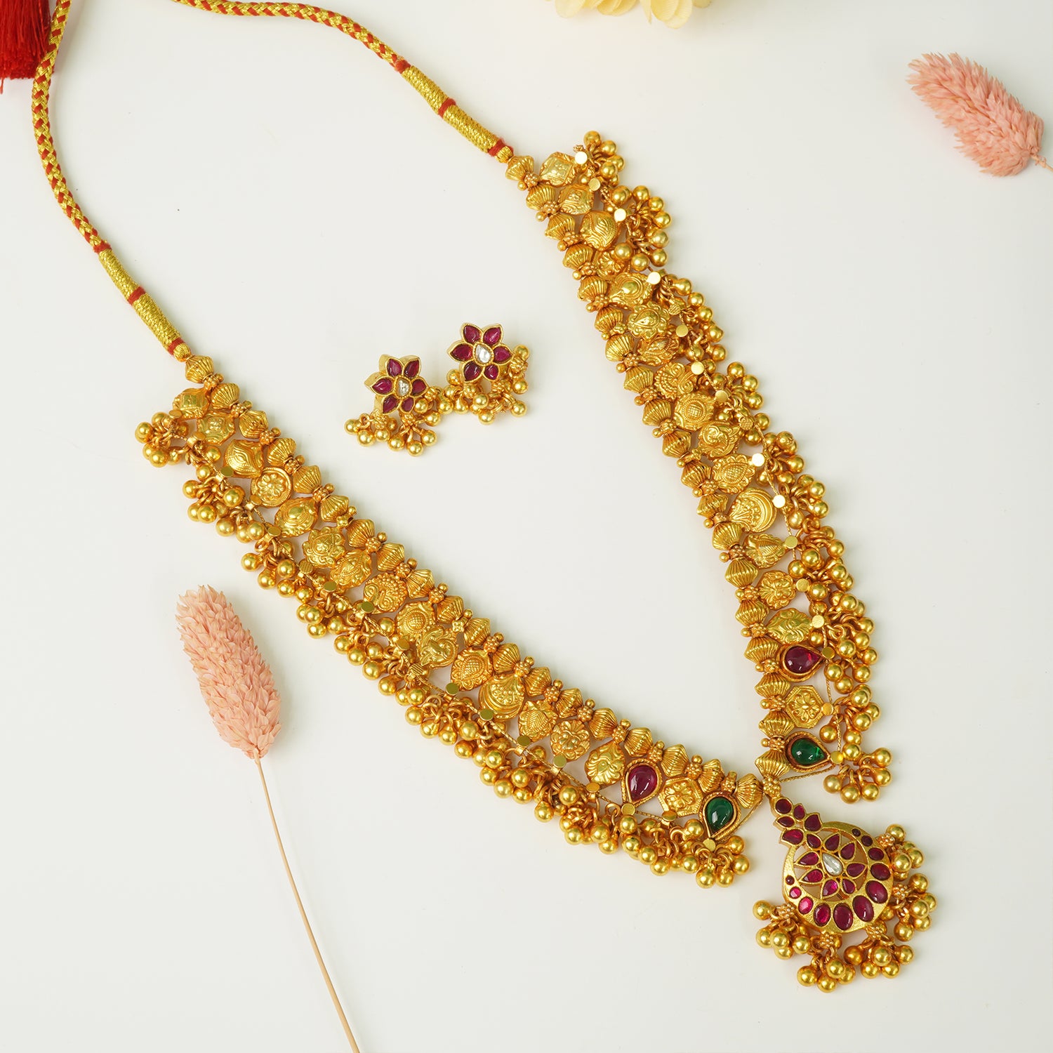 Pure 925 Silver Gold Plated Kundan Kolhapuri Saaj with Matching Earrings
