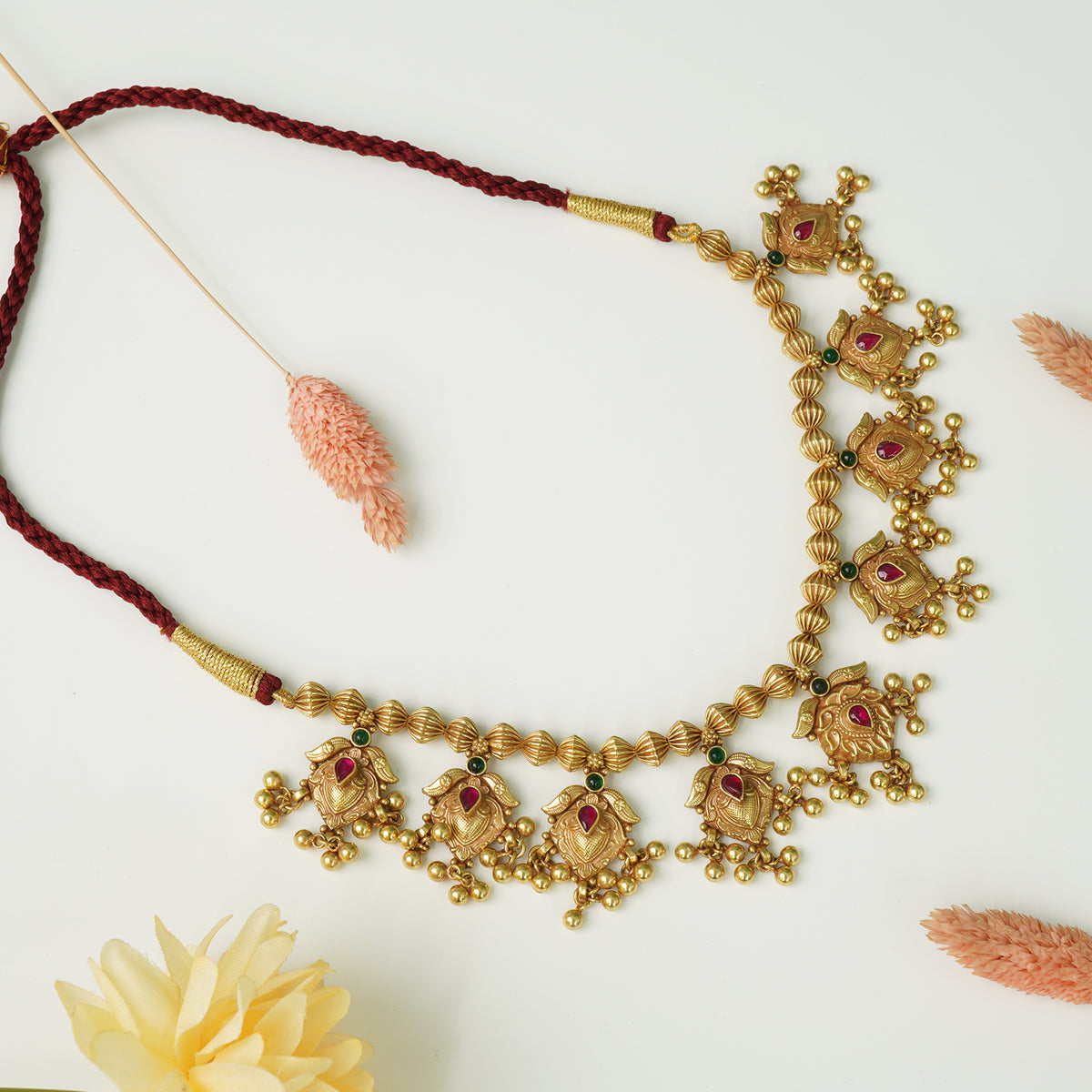 Pure Silver Antique Gold Plated Silver Kolhapuri Saaj With Javmani Beads