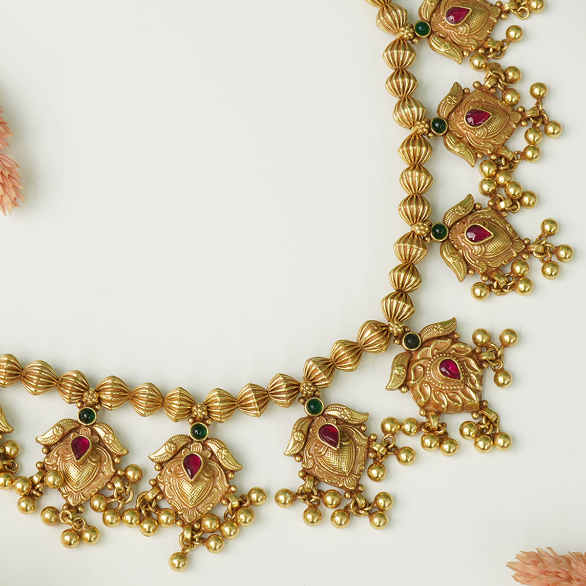 Pure Silver Antique Gold Plated Silver Kolhapuri Saaj With Javmani Beads