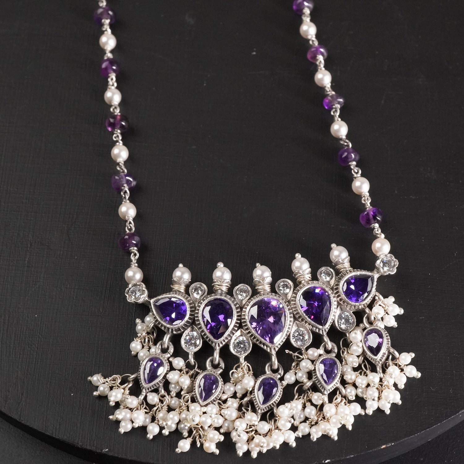 Silver Amethyst Tanmani With Amethyst Pearl Chain