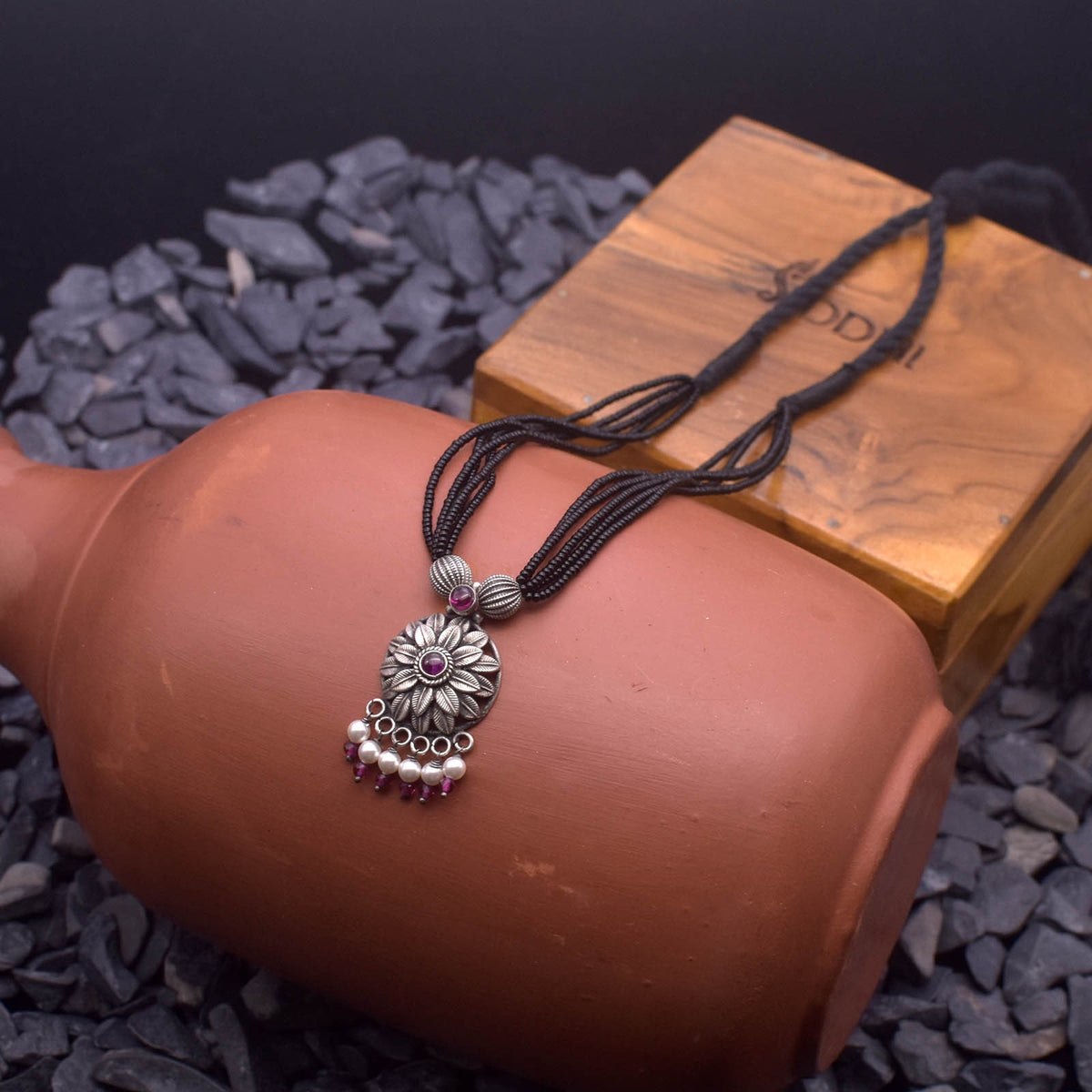 silver black beads mangalsutra with flower pendant