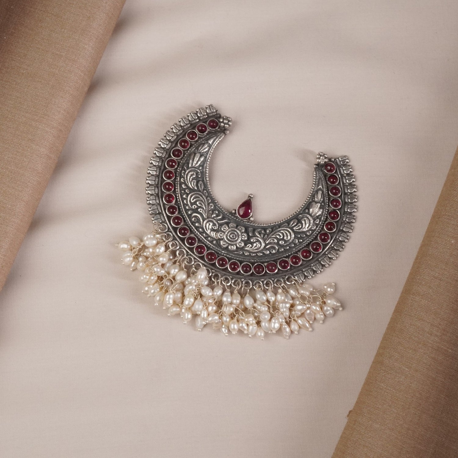 Silver Chandrakor Pendant With Freshwater Pearls