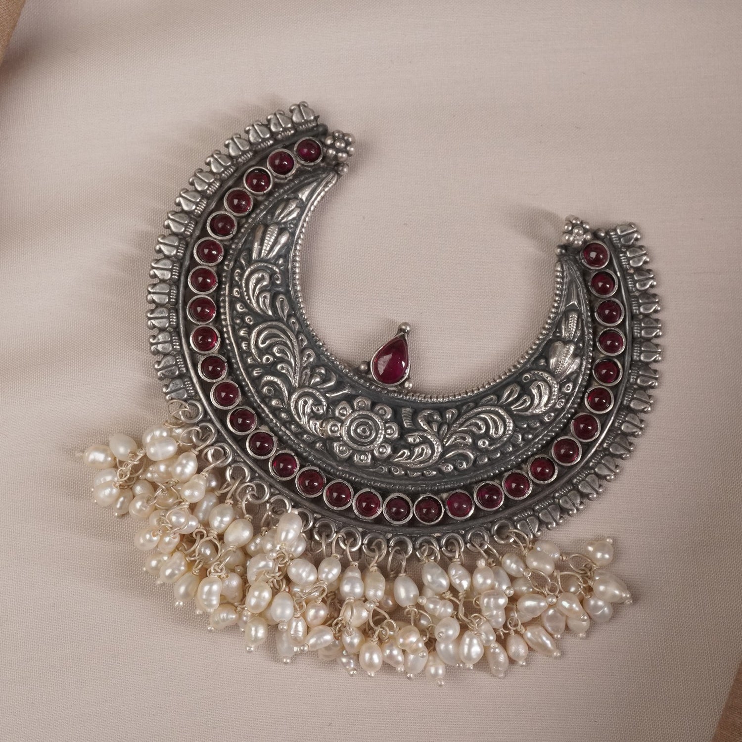 Silver Chandrakor Pendant With Freshwater Pearls