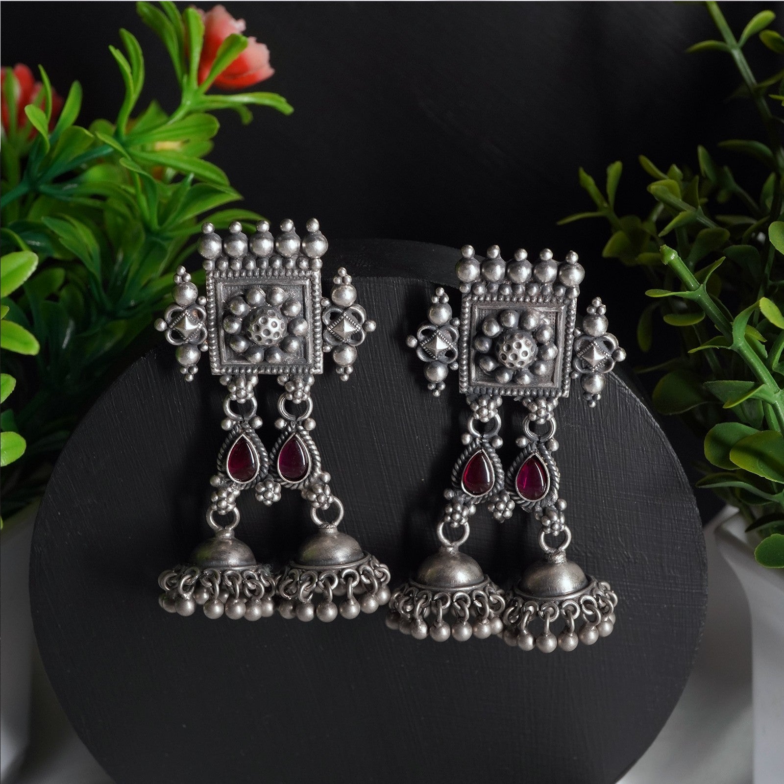 hand made silver jhumkas with dual red kemp stones