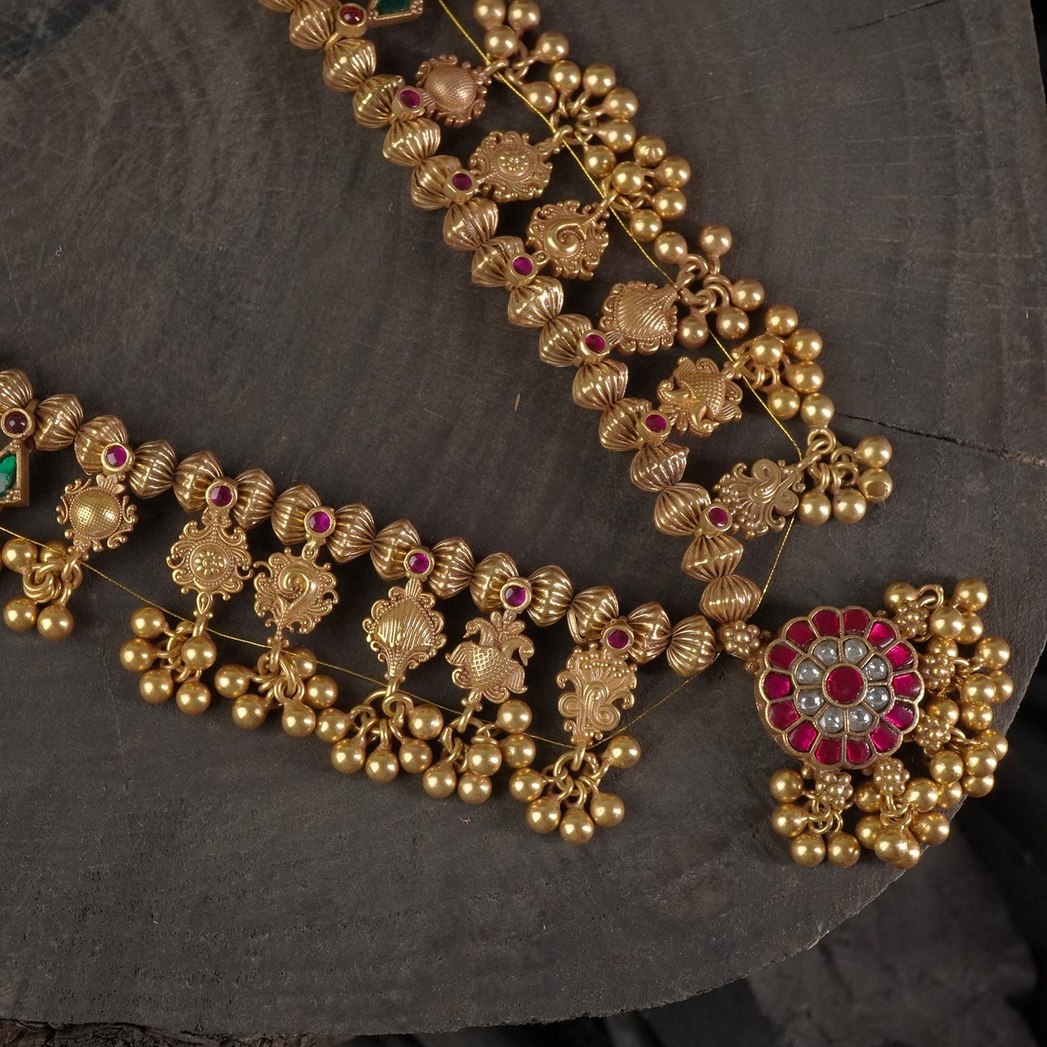 Silver Gold Plated Long Kolhapuri Saaj Kundan Pendant