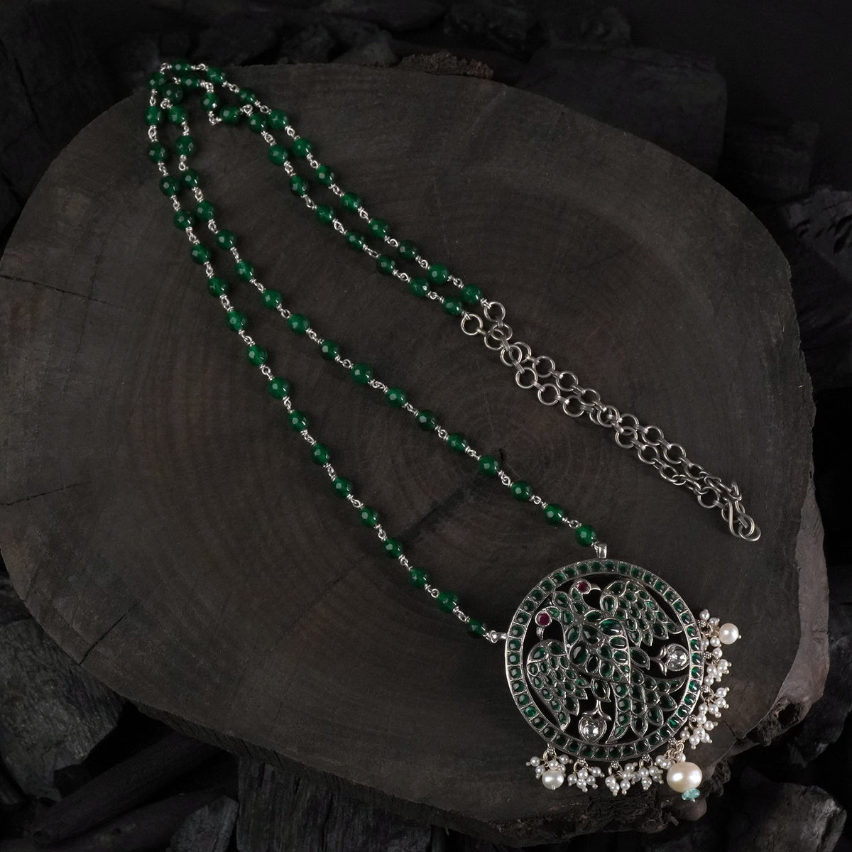 silver green long necklace