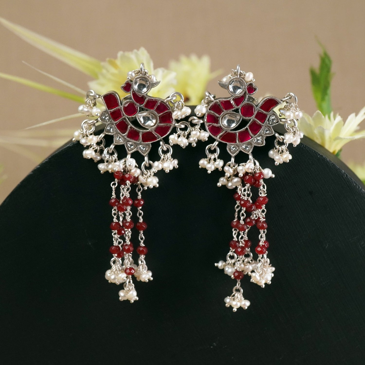 Silver Jadau Kundan Earrings - Peacock