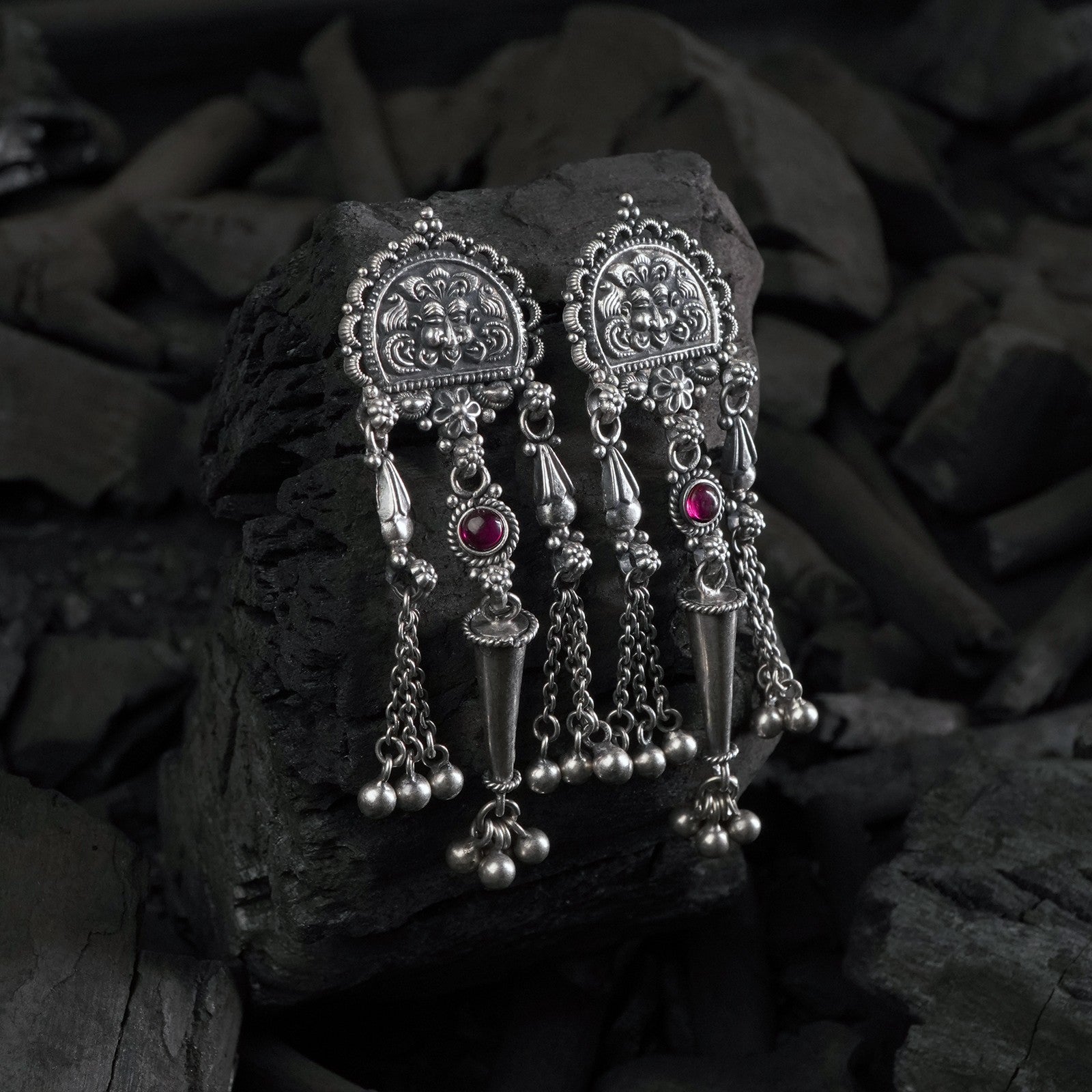 handmade silver jhumka design with kirthimukh pattern