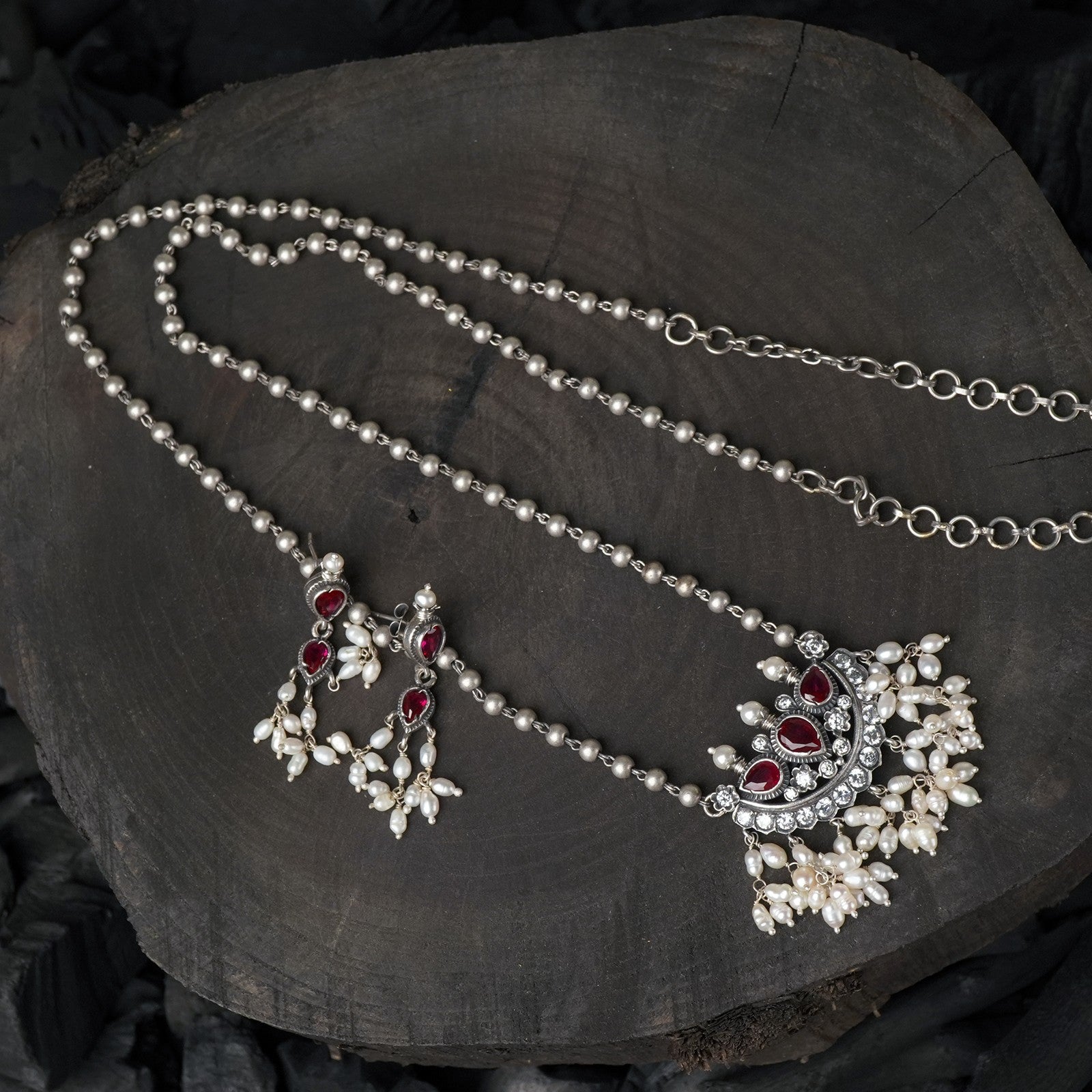 Long Silver Tanmani Necklace with Kanthi Mani Beads