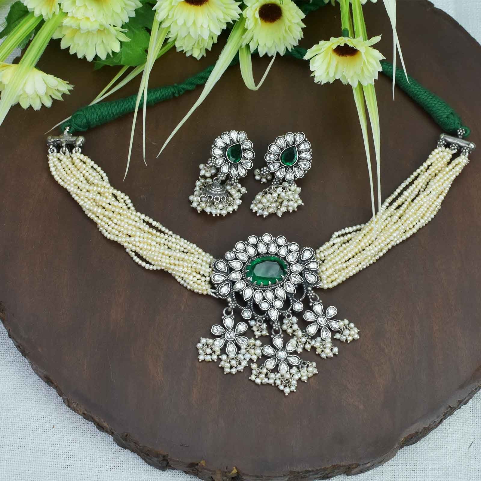 silver green kundan choker