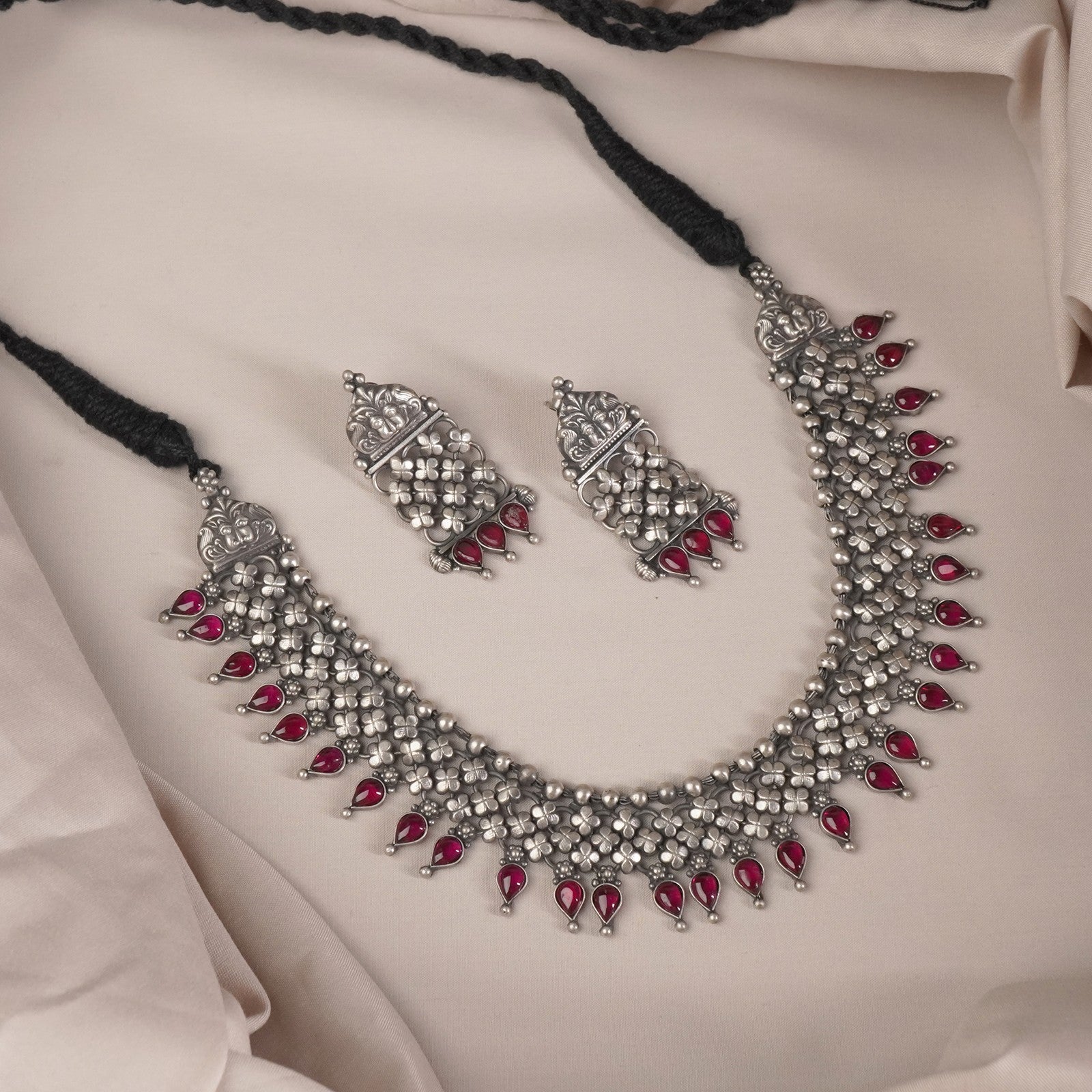 Silver Laffa Necklace For Wedding With Earrings