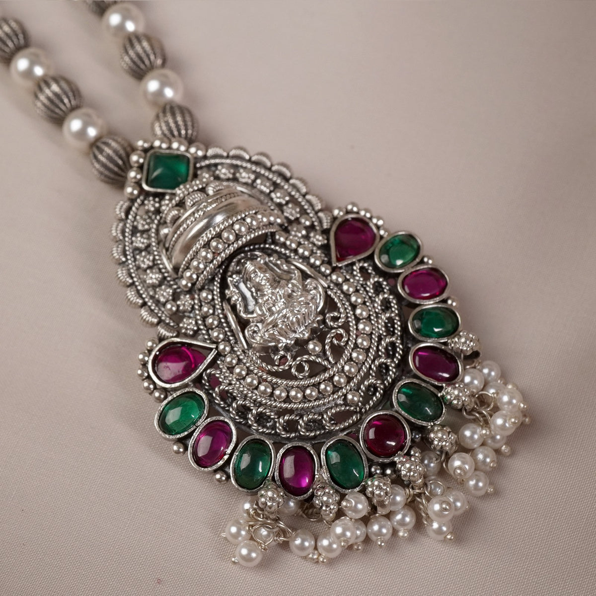 silver pearl mala necklace with laxmi pendant