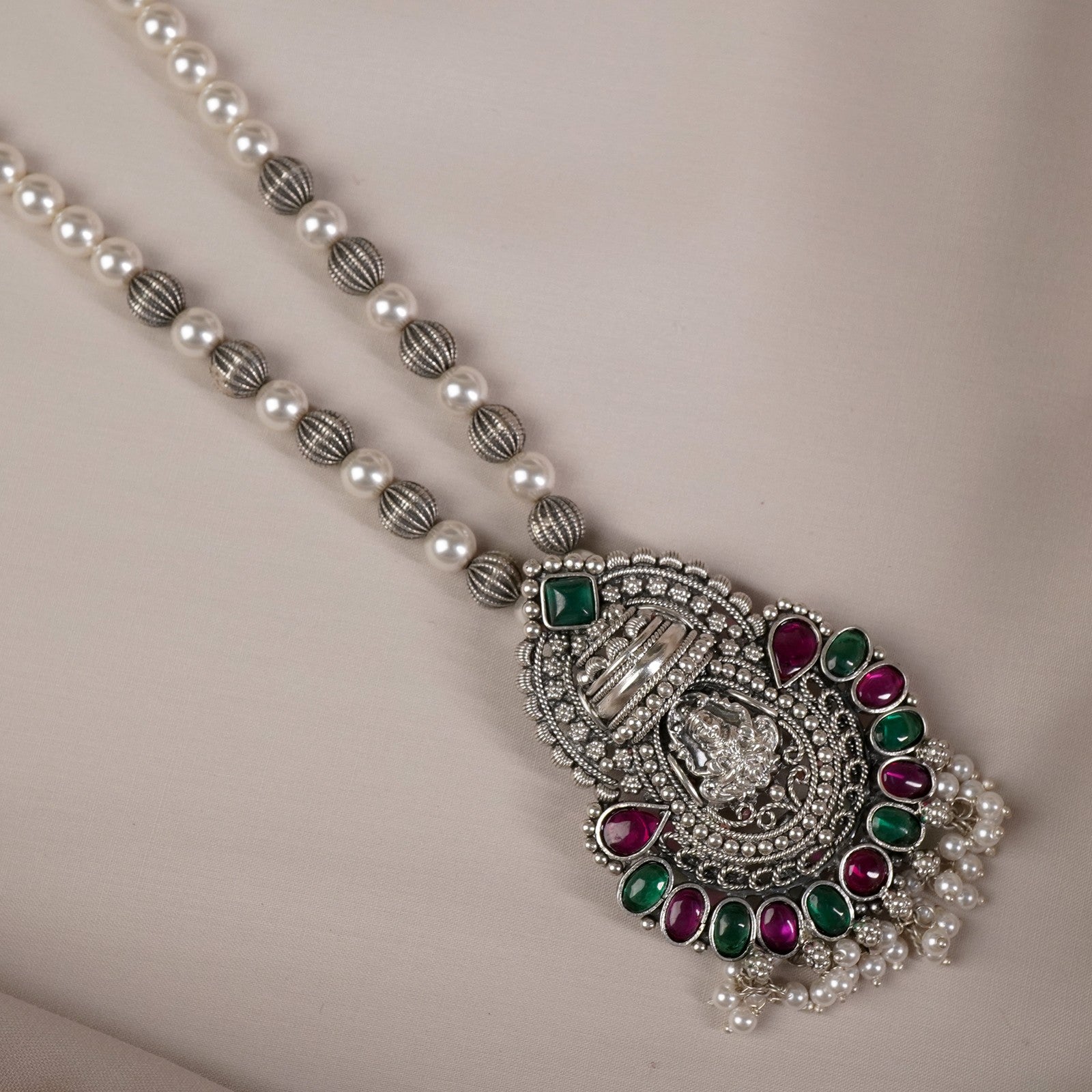 silver pearl mala necklace with laxmi pendant