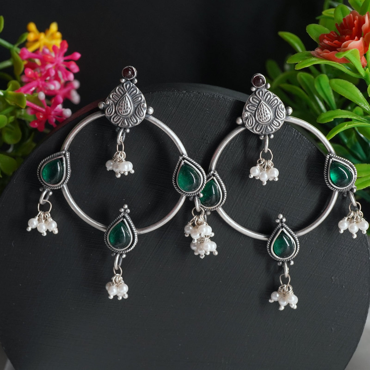 Traditional Indian silver earrings with green kemp and pearls