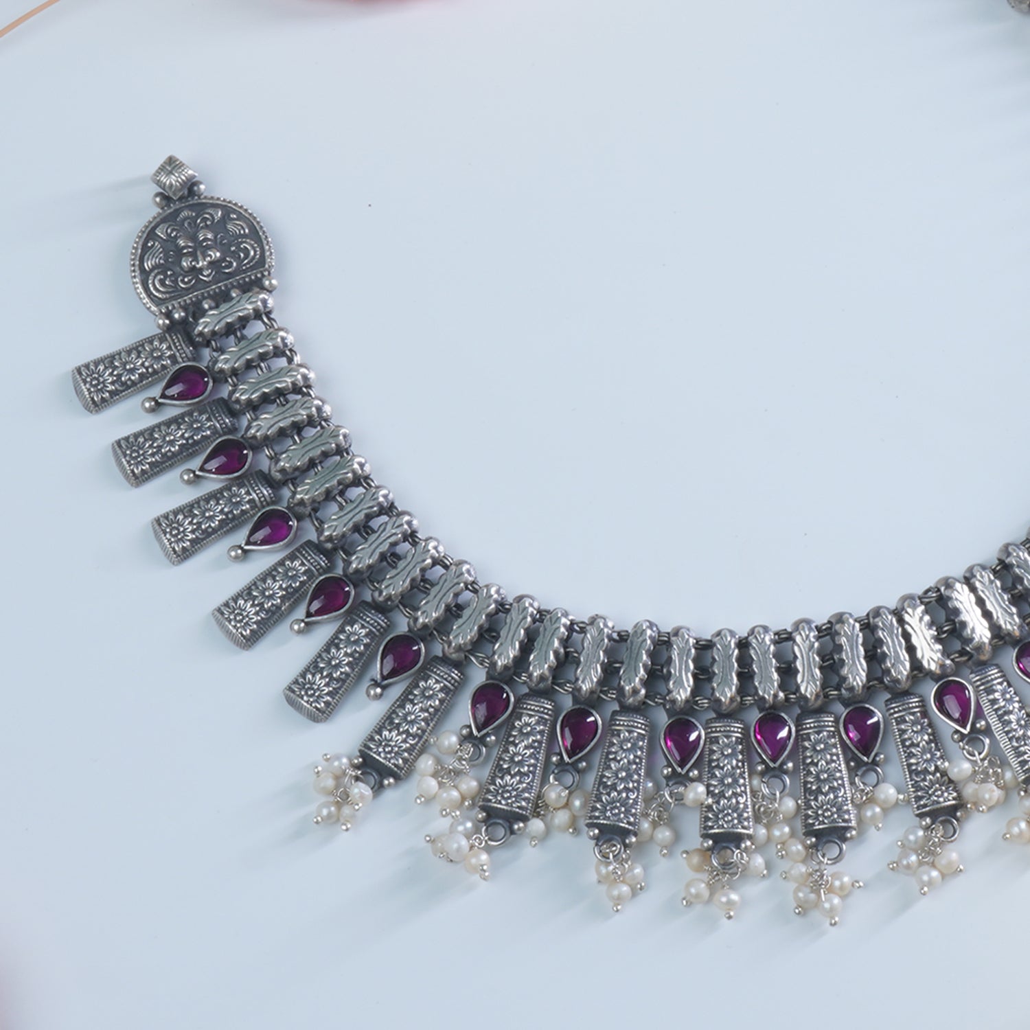 Pure 925 Silver Necklace Design With Hand Chattai Work And Pearls