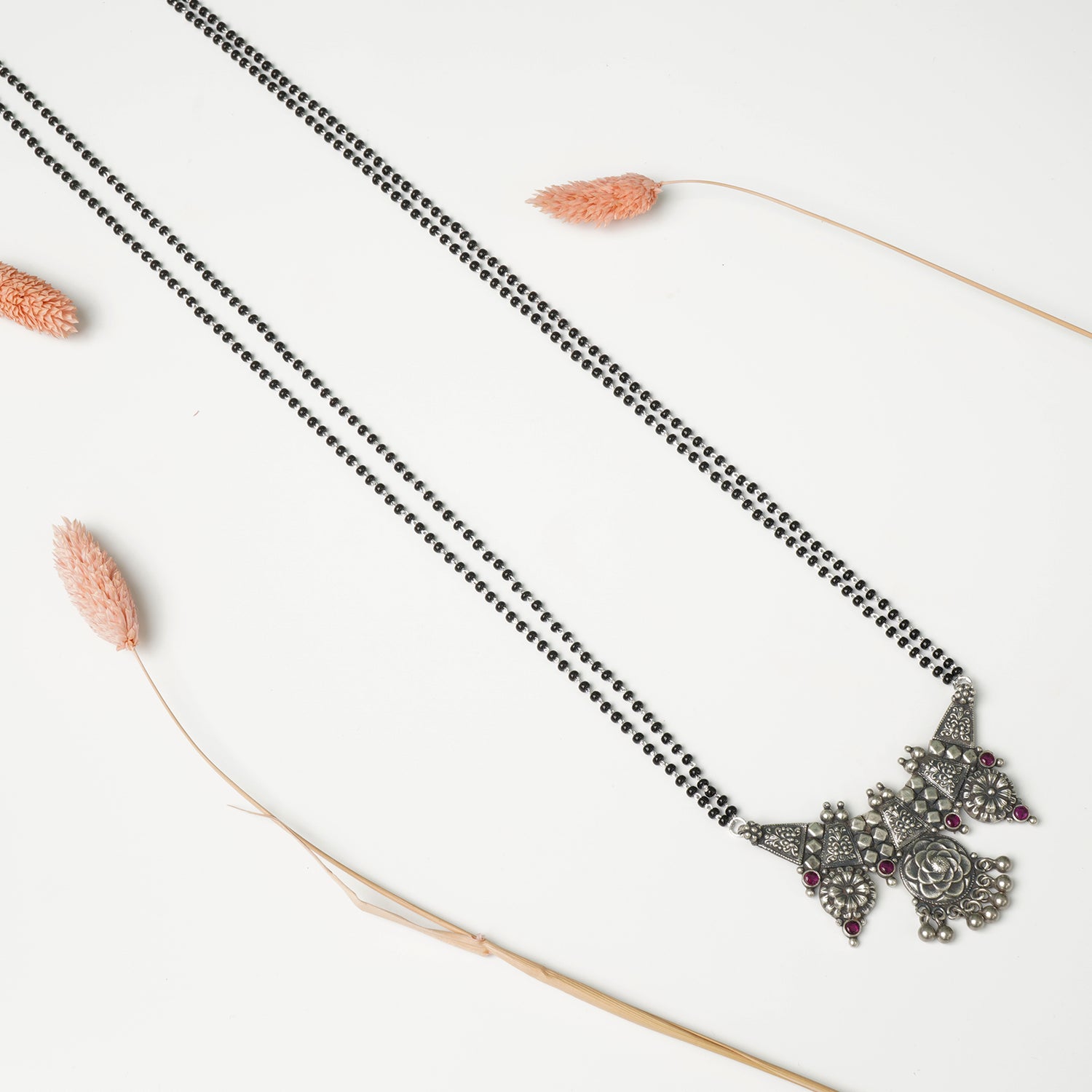 Pure 925 Silver Long Chain Mangalsutra 28 Inch Flower Piece Pendant