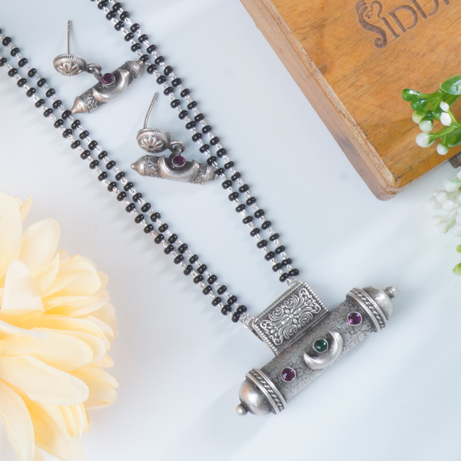 28 Inches Long Silver Mangalsutra With Silver Tabeez Pendant With Earrings