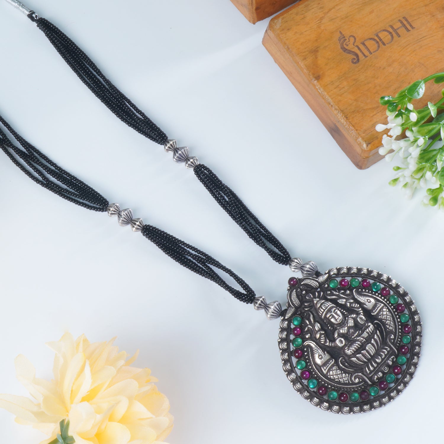 Buy Black Beads Silver Mangalsutra Design With HandCarved Silver Pendant