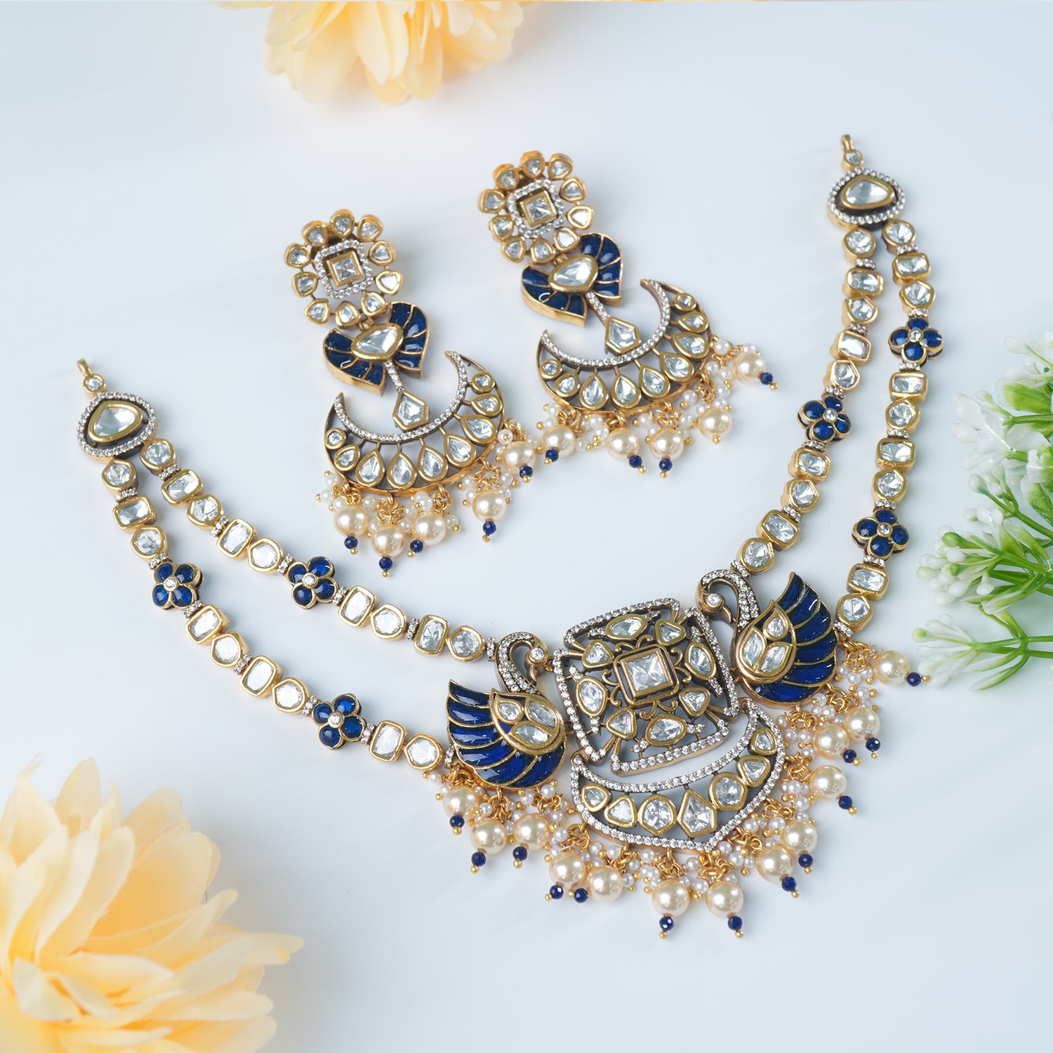 Silver Moissanite Necklace - Blue Peacock With Earrings