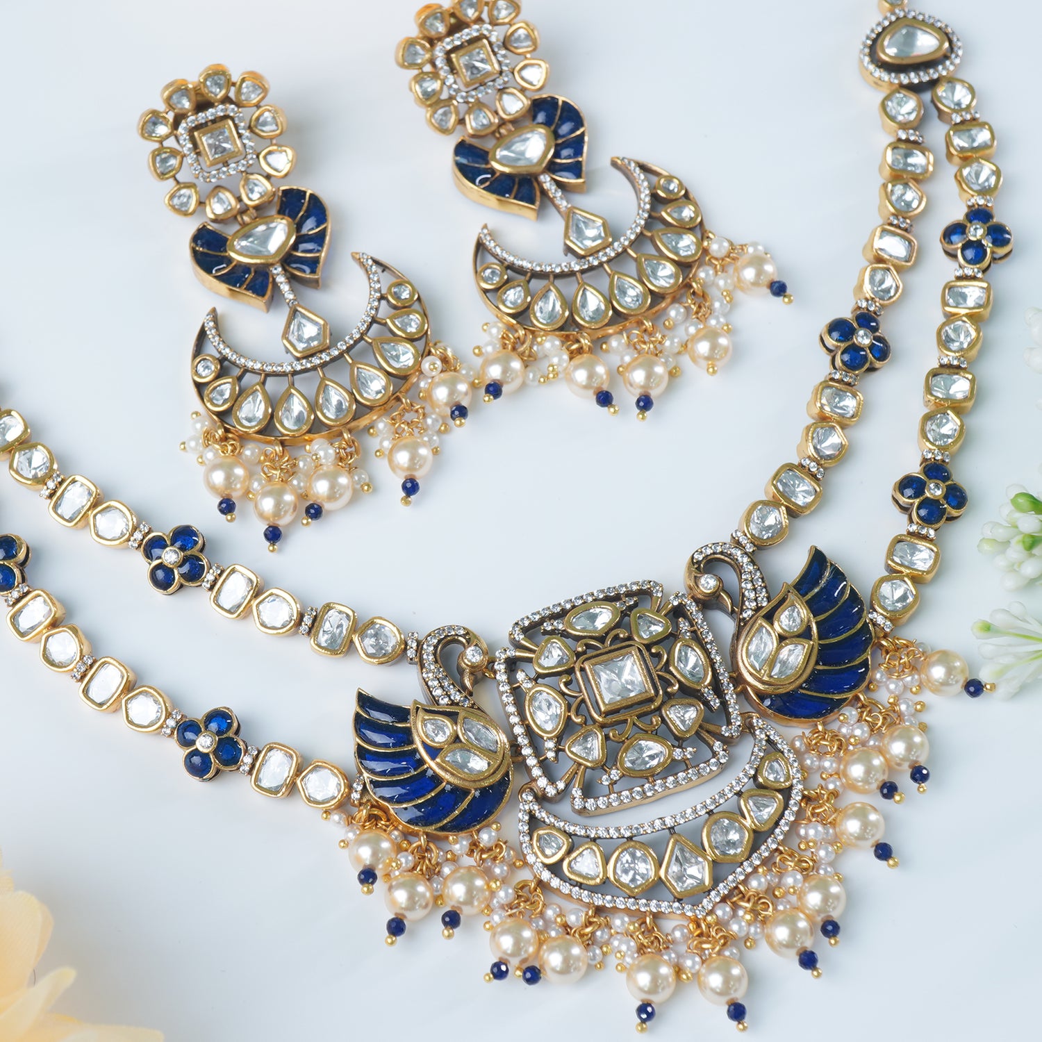 Silver Moissanite Necklace - Blue Peacock With Earrings