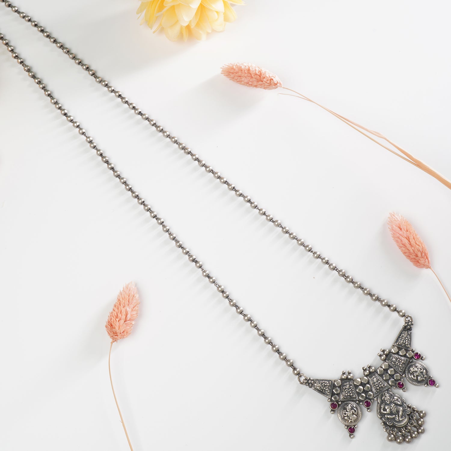 Pure 925 silver long necklace with 4mm silver beads chain and gold look pendant for Navaree saree
