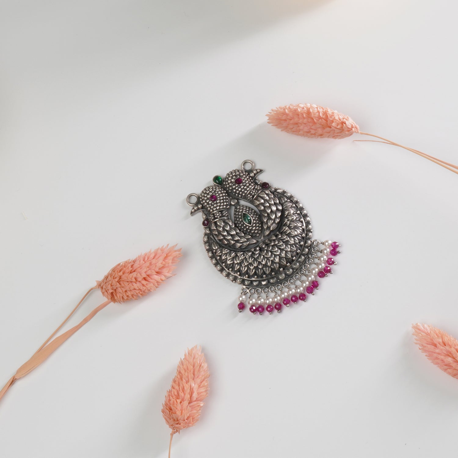 Pure 925 Silver Handmade Gold Replica Pendant With Intricate Work And Peacocks