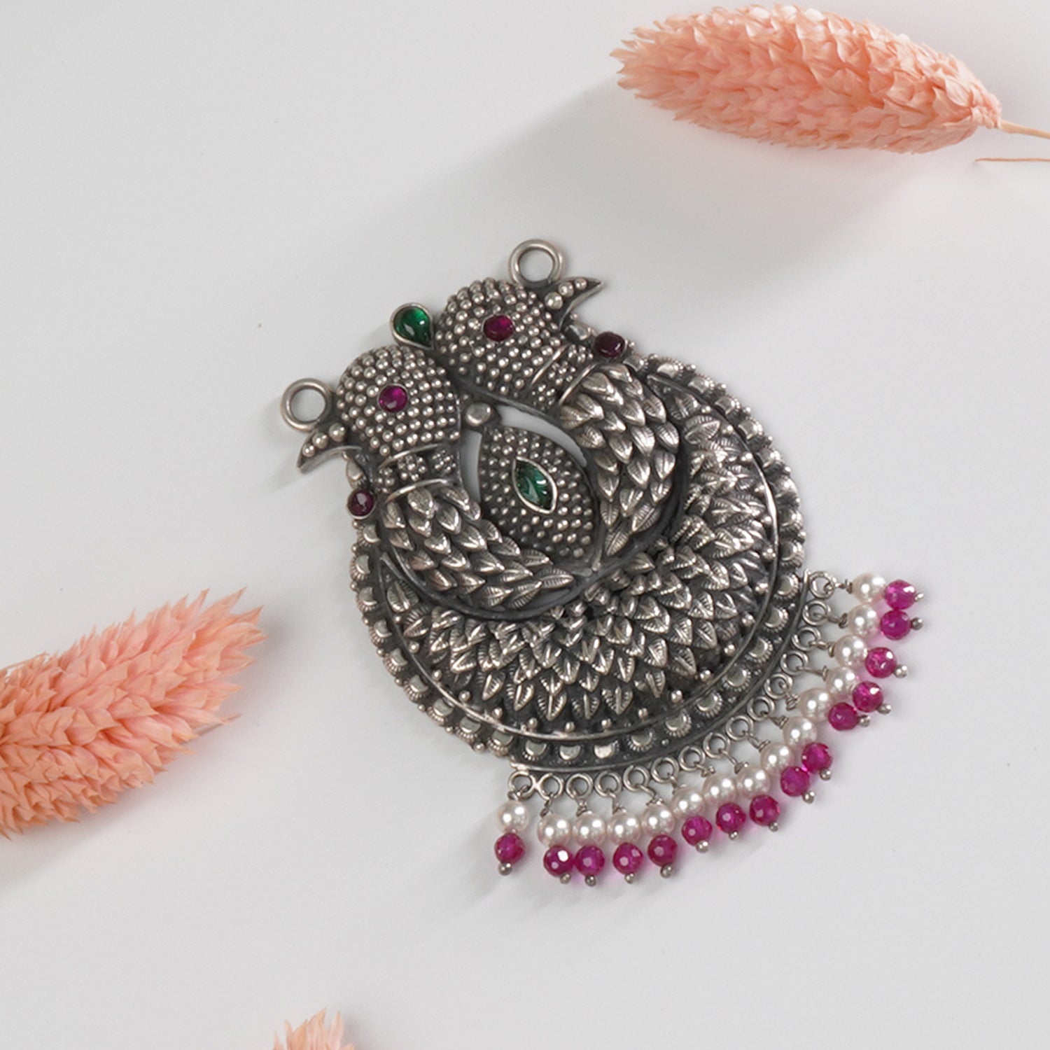 Pure 925 Silver Handmade Gold Replica Pendant With Intricate Work And Peacocks