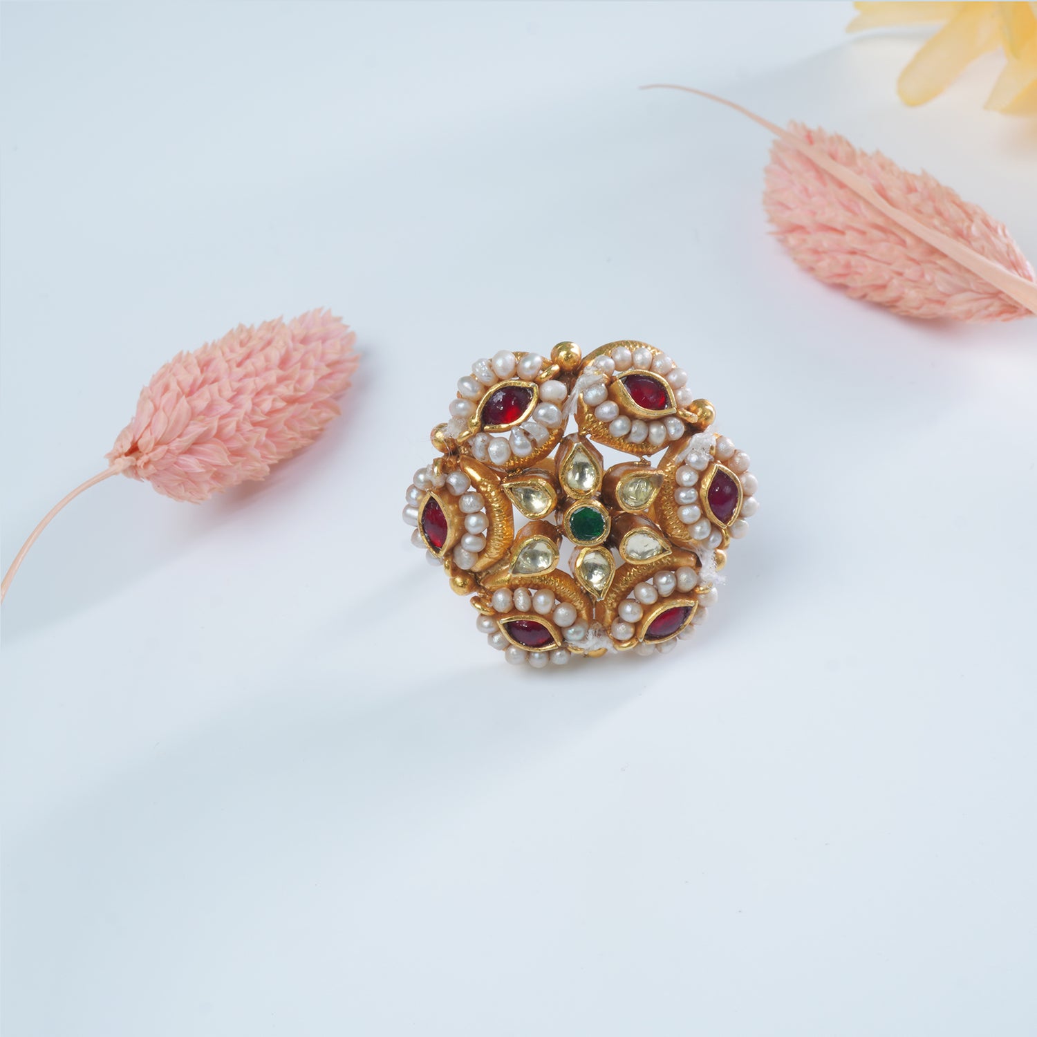 Silver Gold Plated Jadau Kundan Trichi Ring