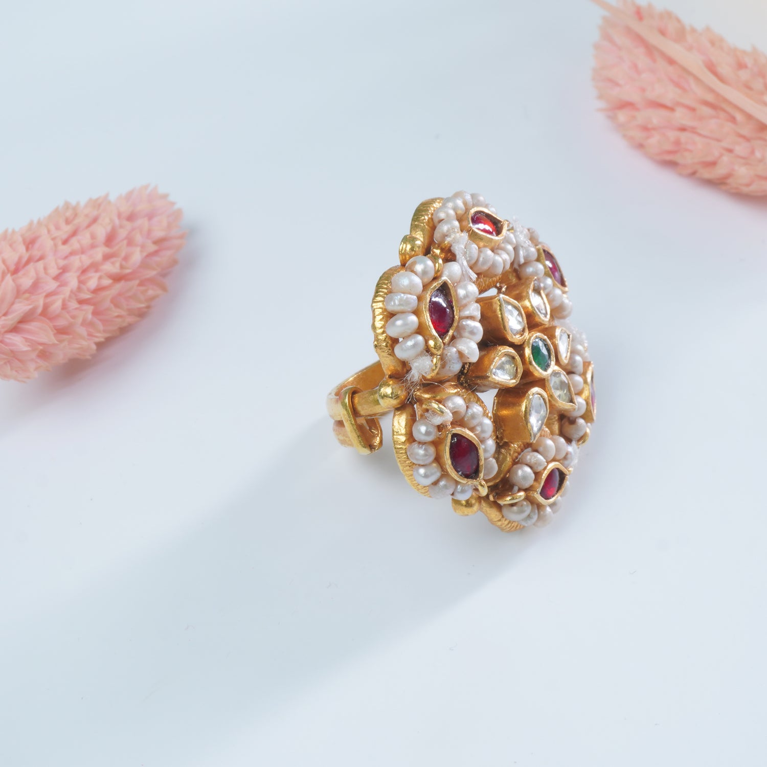 Silver Gold Plated Jadau Kundan Trichi Ring